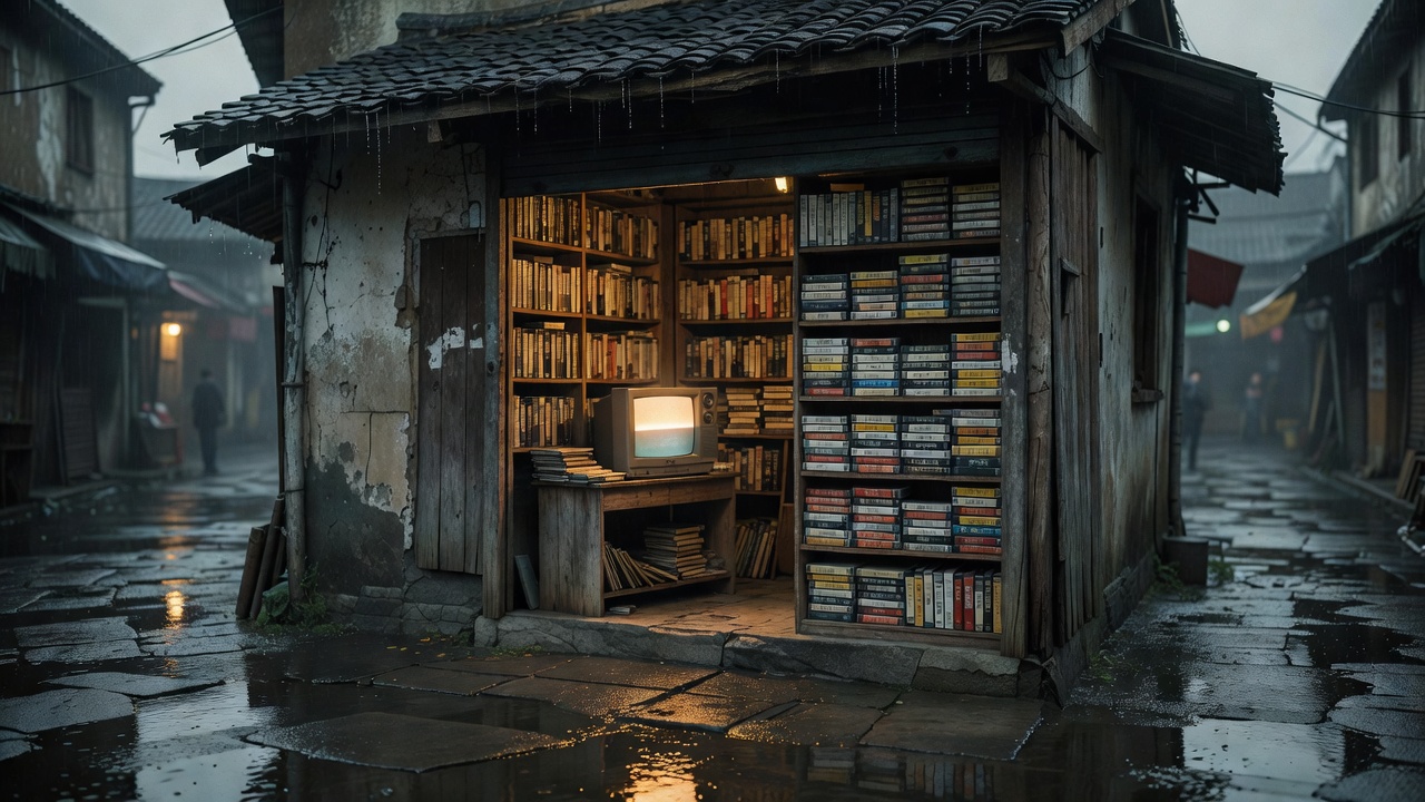 老录像厅雨夜场景，木架上堆着录像带，旧电视发出暖黄光，画面无人